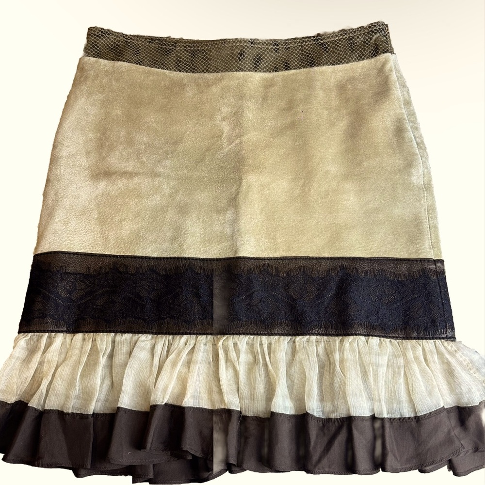 NWT JUNE Brown Beige Leather Silk Lined‎  Ruffle Lace Mini Skirt Size 6.A90